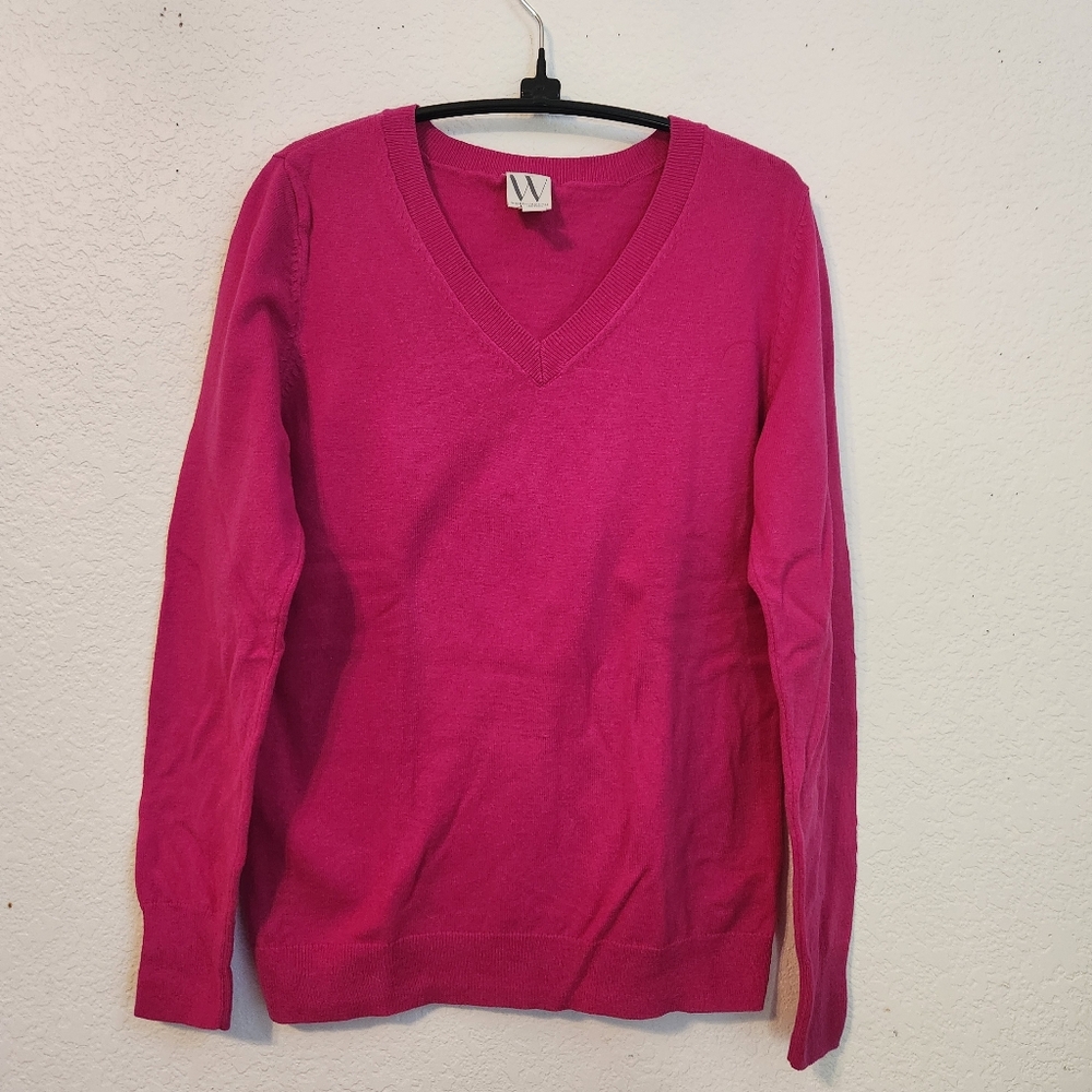 Worthington Fuschia Pink Classic‎ V-Neck Sweater, Size M